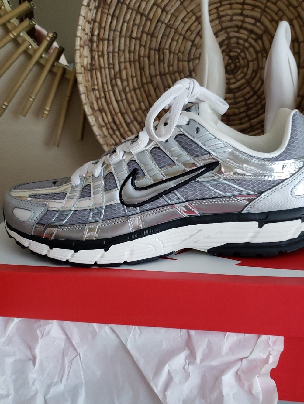 Nike P6000 Silver Metallic Running Shoe with Black Swoosh and White Laces